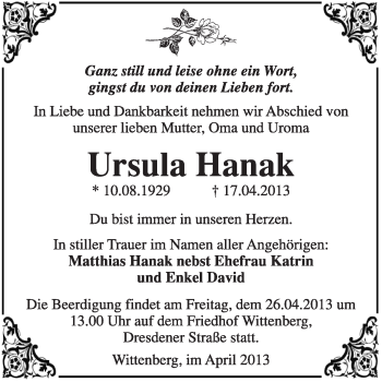 Traueranzeige von Ursula Hanak von WVG - Wochenspiegel Wittenberg