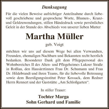 Traueranzeige von Martha Müller von WVG - Wochenspiegel Dessau / Köthen