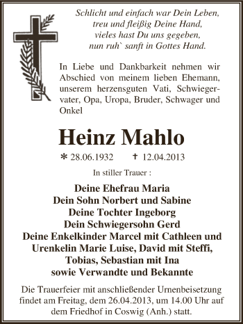 Traueranzeige von Heinz Mahlo von WVG - Wochenspiegel Dessau / Köthen