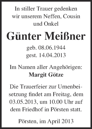 Traueranzeige von Günter Meißner von Super Sonntag Merseburg