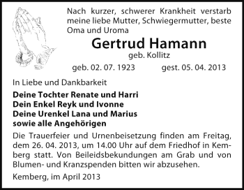 Traueranzeige von Gertrud Hamnn von Super Sonntag Wittenberg