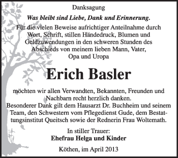 Traueranzeige von Erich Basler von Super Sonntag Dessau / Köthen