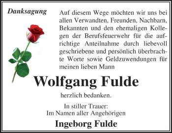 Traueranzeige von Wolfgang Fulde von Super Sonntag Dessau / Köthen