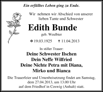 Traueranzeige von Edith Bunde von Super Sonntag Dessau / Köthen