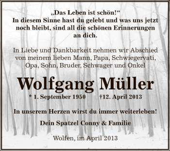 Traueranzeige von Wolfgang Müller von WVG - Wochenspiegel Bitterfeld