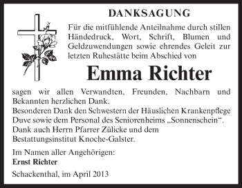 Traueranzeige von Emma Richter von WVG - Wochenspiegel Aschersleben