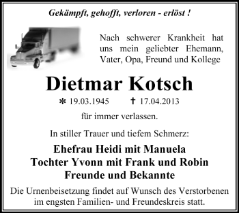 Traueranzeige von Dietmar Kotsch von Super Sonntag Dessau / Köthen