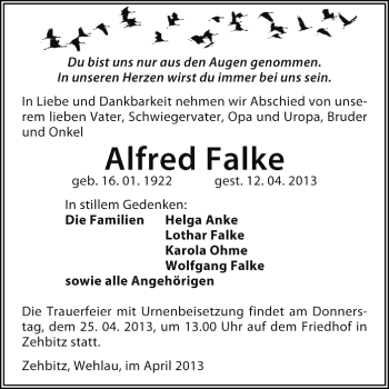 Traueranzeige von Alfred Falke von Super Sonntag Dessau / Köthen
