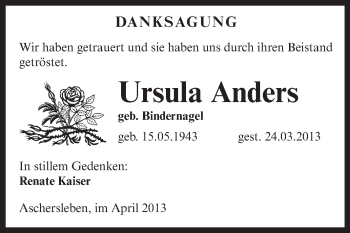 Traueranzeige von Ursula Anders von WVG - Wochenspiegel Aschersleben