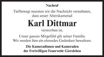 Traueranzeige von Karl Dittmar von WVG - Wochenspiegel Aschersleben