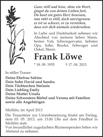 Traueranzeige von Frank Löwe von WVG - Wochenspiegel Merseburg