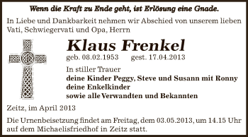 Traueranzeige von Klaus Frenkel von Super Sonntag Zeitz