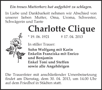 Traueranzeige von Charlotte Clique von WVG - Wochenspiegel NMB / WSF / ZTZ