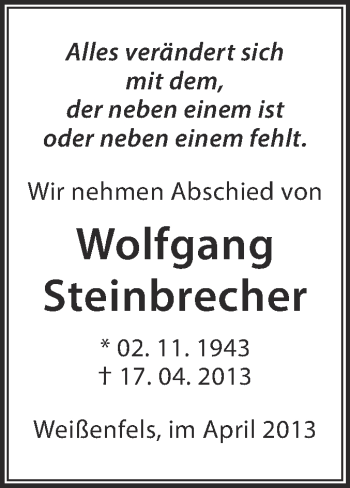 Traueranzeige von Wolfgang Steinbrecher von WVG - Wochenspiegel NMB / WSF / ZTZ