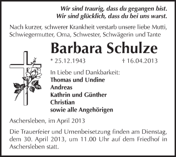 Traueranzeige von Barbara Schulze von Super Sonntag Aschersleben