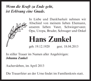Traueranzeige von Hans Zunkel von Super Sonntag Aschersleben