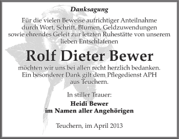 Traueranzeige von Rolf Dieter Bewer von WVG - Wochenspiegel NMB / WSF / ZTZ