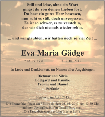 Traueranzeige von Eva Maria Gädge von WVG - Wochenspiegel Quedlinburg