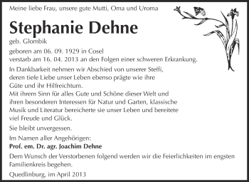 Traueranzeige von Stephanie Dehne von WVG - Wochenspiegel Quedlinburg