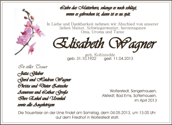 Traueranzeige von Elisabeth Wagner von Super Sonntag SGH Mansf. Land