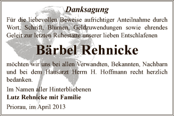 Traueranzeige von Bärbel Rehnicke von WVG - Wochenspiegel Bitterfeld