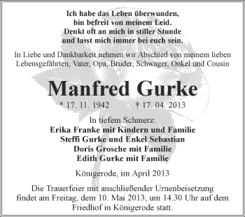 Traueranzeige von Manfred Gurke von WVG - Wochenspiegel Quedlinburg