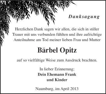 Traueranzeige von Bärbel Opitz von WVG - Wochenspiegel NMB / WSF / ZTZ