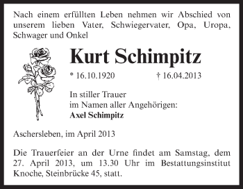 Traueranzeige von Kurt Schimpitz von WVG - Wochenspiegel Aschersleben