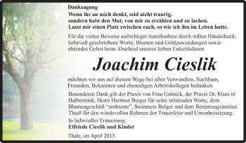Traueranzeige von Joachim Cieslik von WVG - Wochenspiegel Quedlinburg