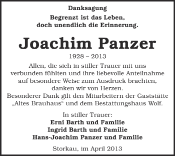 Traueranzeige von Joachim Panzer von WVG - Wochenspiegel NMB / WSF / ZTZ