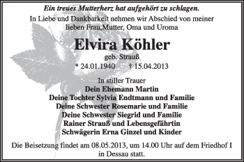 Traueranzeige von Elvira Köhler von Super Sonntag Dessau / Köthen