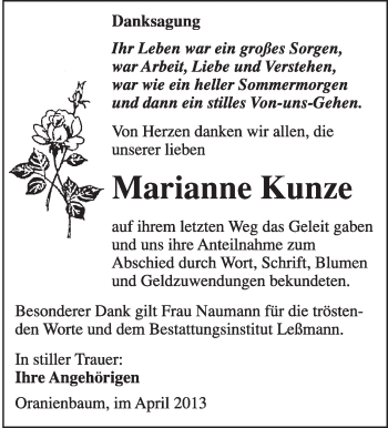 Traueranzeige von Marianne Kunze von WVG - Wochenspiegel Wittenberg
