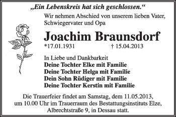 Traueranzeige von Joachim Braunsdorf von Super Sonntag Dessau / Köthen