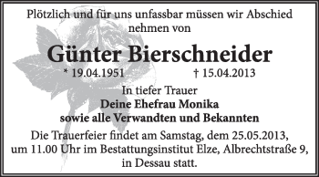 Traueranzeige von Günter Bierschneider von Super Sonntag Dessau / Köthen