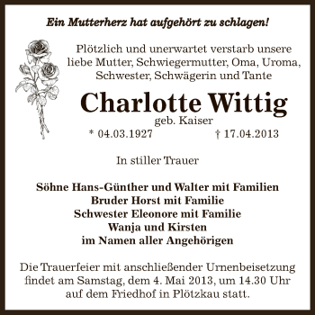 Traueranzeige von Charlotte Wittig von Super Sonntag Bernburg