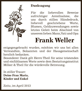 Traueranzeige von Frank Weller von Super Sonntag Zeitz
