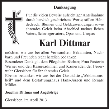 Traueranzeige von Karl Dittmar von WVG - Wochenspiegel Aschersleben
