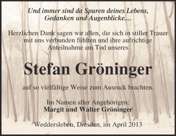 Traueranzeige von Stefan Gröninger von Super Sonntag Quedlinburg