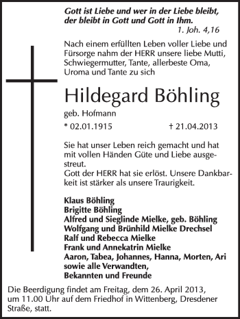 Traueranzeige von Hildegard Böhling von WVG - Wochenspiegel Wittenberg