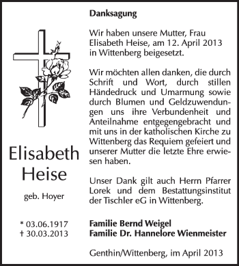 Traueranzeige von Elisabeth Heise von WVG - Wochenspiegel Wittenberg