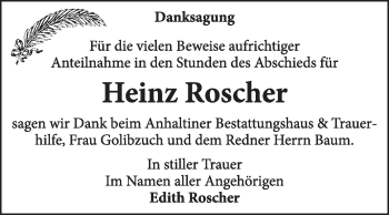 Traueranzeige von Heinz Roscher von Super Sonntag Dessau / Köthen