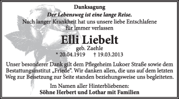 Traueranzeige von Elli Liebelt von Super Sonntag Dessau / Köthen