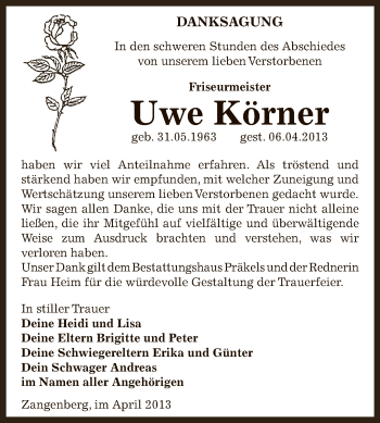 Traueranzeige von Uwe Körner von Super Sonntag Zeitz