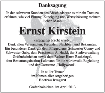 Traueranzeige von Ernst Kirstein von WVG - Wochenspiegel Wittenberg