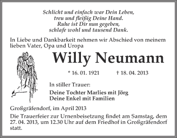 Traueranzeige von Willy Neumann von WVG - Wochenspiegel Merseburg