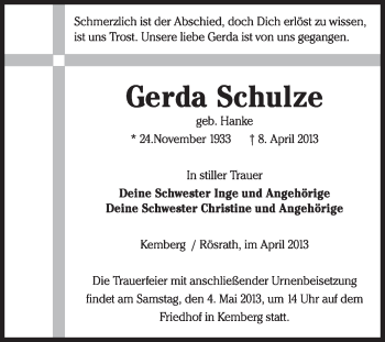 Traueranzeige von Gerda Schulze von Super Sonntag Wittenberg