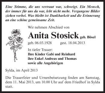 Traueranzeige von Anita Stosick von Super Sonntag Aschersleben