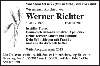Traueranzeige von Werner Richter von WVG - Wochenspiegel Wittenberg