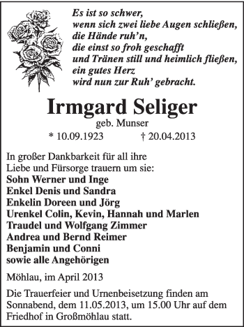 Traueranzeige von Irmgard Seliger von WVG - Wochenspiegel Wittenberg