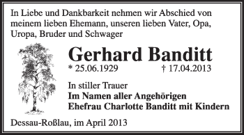 Traueranzeige von Gerhard Banditt von Super Sonntag Dessau / Köthen